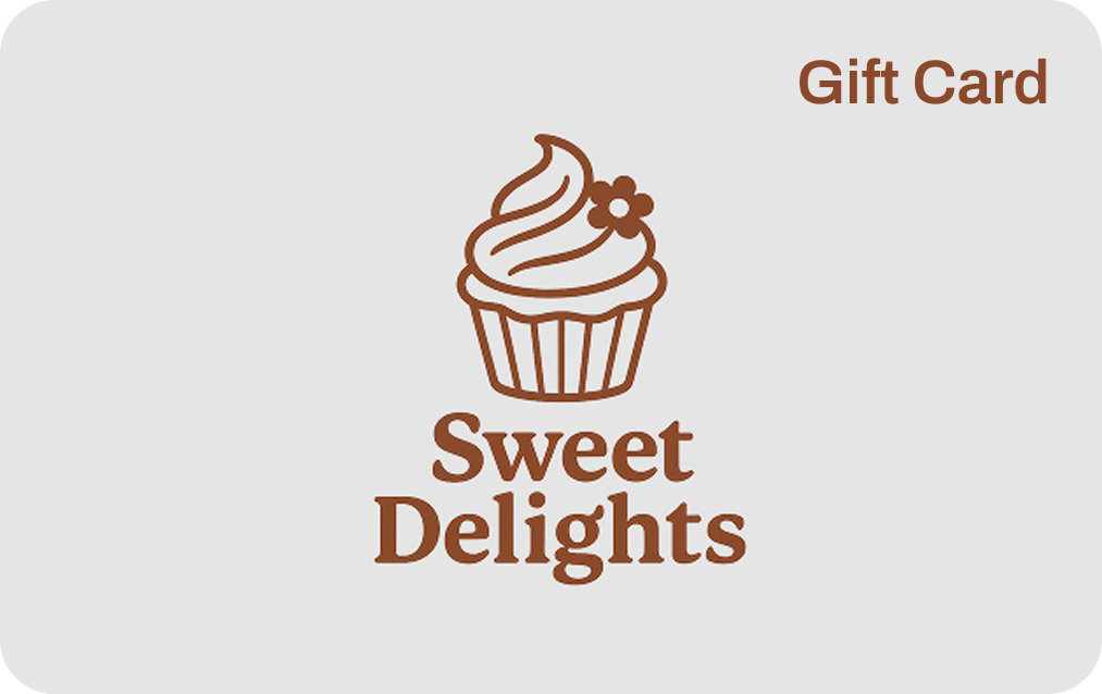 Sweet Delights bakery gift card with cupcake logo on light background